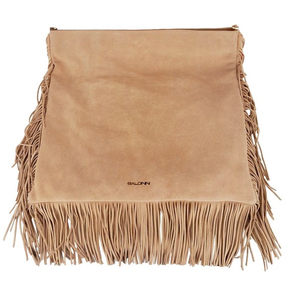 Baldinini Trend Beige Tan Chic Suede Fringe Square Shoulder Bag